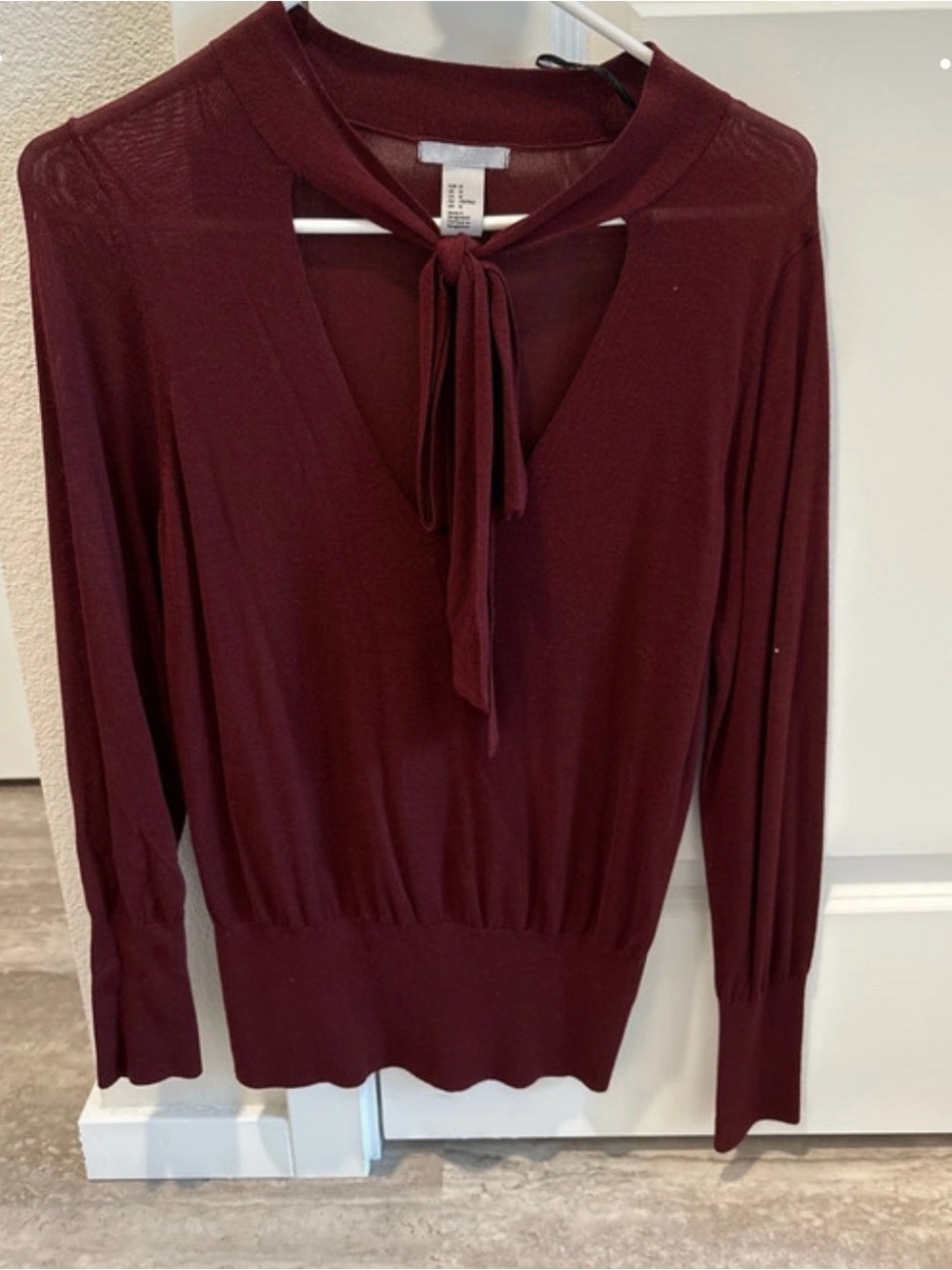 H&M Burgundy Long Sleeve Tie-Neck Top